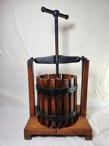 lot 113 image: Vintage Hardwood &amp Cast Iron Fruit Press with Wooden Barrel and Cast Iron Screw Works