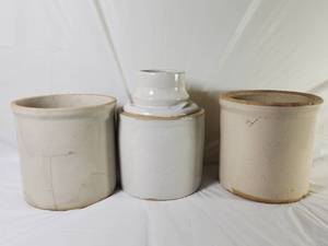 lot 120 image: Antique Ceramic Crocks and Covered Jar Lot of 3