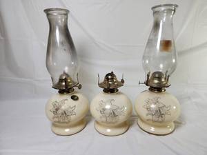 lot 121 image: 3 Matching Vintage Lamp Light Farms Oil Lamps Ivory Base Gold Lilies Stunning