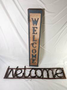 lot 136 image: Vintage Wood Welcome Wall Art Sign with Vine Wreath Decor 2-Piece Set Cottagecore