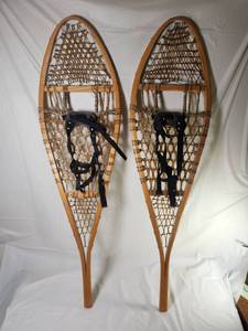 lot 144 image: Vintage Made in Canada Wooden Snow Shoes 14x48&nbsp