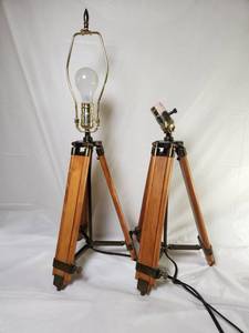 lot 156 image: Vintage Pair of Nautical Tripod Table Lamps with Wood Legs Brass Fittings Adjustable&nbsp