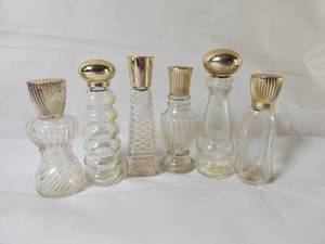 lot 162 image: Lot of 6 Vintage Glass Perfume Bottles with Gold-Tone Caps