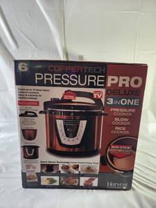 lot 181 image: Coppertech Pressure Pro Deluxe 3-in-1 6 Quart Pressure Cooker Slow Cooker Rice Cooker New