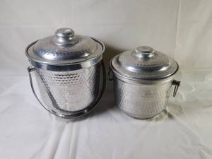 lot 196 image: Vintage Made in Italy Pair of Hammered Aluminum Insulated Ice Buckets with Lids and Handles