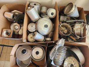 lot 198 image: Big Lot of Vintage Aluminum Cookware 50 Pieces Cake Molds Cannister Sets Awesome Lot