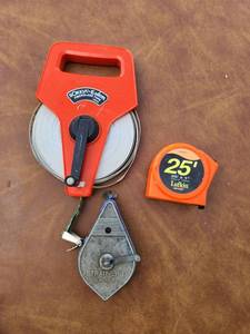 lot 249 image: Sokkia-Eaton Fiberglass Tape Reel, Strait-Line Chalk Line Reel, Lufkin 25 Tape Measure Lot