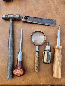 lot 261 image: Vintage USA 6-Piece Tool Set Hammer Magnifier Chisels Wrench