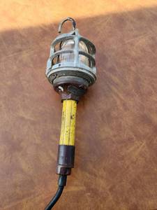 lot 274 image: Vintage Industrial Pendant Work Light with Metal Guard and Yellow Handle