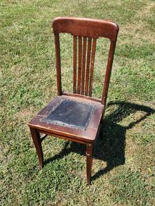 lot 365 image: Antique Oak Slat Back Dining Chair Leather Seat