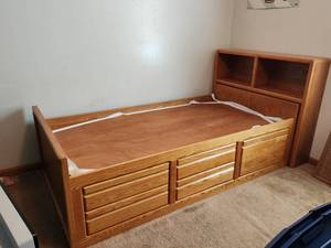 lot 369 image: Twin Bed Frame with Headboard Storage and Under-Bed Drawers Solid Wood Nice