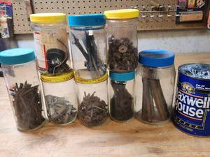 lot 414 image: Lot of Hardware Fasteners and Tools in Storage Jars