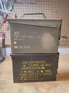 lot 452 image: Two Vintage Military Ammunition Cans 7.62mm Ball F4 M13 M62 M80 500 Rounds
