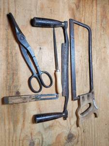 lot 473 image: Vintage Tool Lot Draw Knife Hand Saw Snips and More