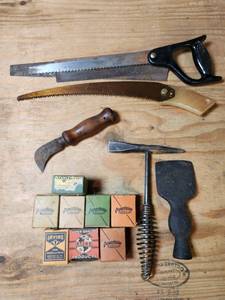 lot 484 image: Vintage Tool Lot Hand Saws Fasteners and More