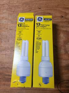 lot 524 image: GE 13 Watt Compact Fluorescent Lamp plus Adapter 750 Lumens Lot of 2