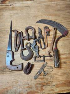 lot 557 image: Vintage Tool Lot Hooks Wrenches Clamps Saw
