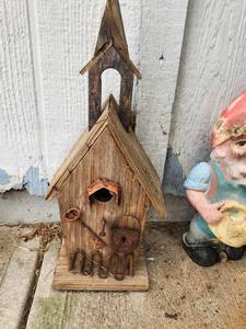 lot 602 image: Rustic Reclaimed Wood Birdhouse with Church Steeple Design and Metal Hardware