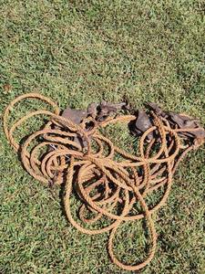 lot 715 image: Vintage Cast Iron Block &amp Tackle Pulley Rigging Set with Rope and Hooks