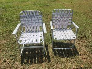 lot 716 image: Pair of Vintage Aluminum Folding Lawn Chairs with Woven Webbed Seat and Back Light Weight&nbsp