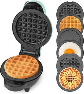 lot 4560 image: Dash Mini Maker Compact Waffle Maker with Removable Griddle Plates 6 Aqua  Powers On 