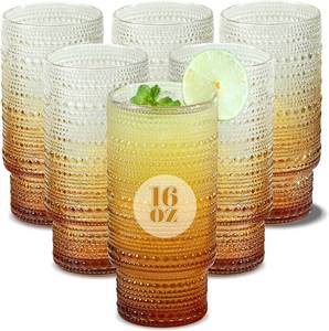 lot 4586 image: 16 oz Hobnail Drinking Glasses Set of 6, Vintage Amber Glassware Tumblers