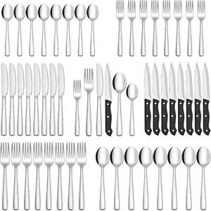 lot 4593 image: HIWARE 48-Piece Silverware Set with Steak Knives for 8, 188 Stainless Steel