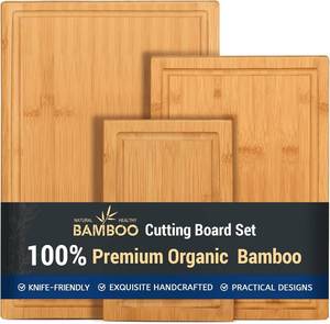 lot 4598 image: Hiware 3-Piece Bamboo Cutting Boards with Juice Groove   Heavy Duty Wood Set