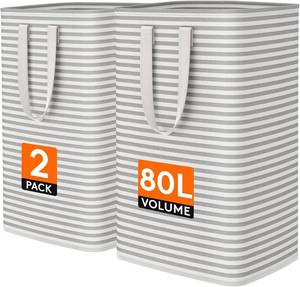 lot 4608 image: Lifewit 80L Large Laundry Baskets, 2 Pack, Reinforced Handles, Grey