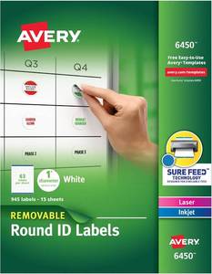 lot 4646 image: Avery Removable 1 Round Labels with Sure Feed, 945 White Labels (6450)