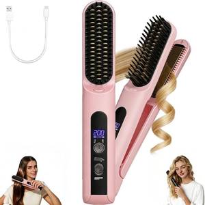 lot 4670 image: Cordless 2-in-1 Hair Straightener Brush, Portable, Rechargeable, 4 Settings