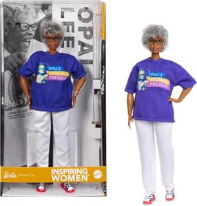 lot 4674 image: Barbie Inspiring Women Doll Opal Lee in Blue Tee, White Pants, Glasses