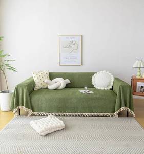 lot 4699 image: HANDONTIME Green Sofa Cover 71 118 with Tassel Herringbone Chenille