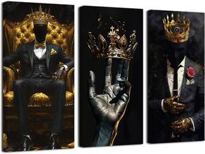 lot 4810 image: SWQYLB Black Man Canvas Wall Art 3 Pieces - Afro King Poster Prints, 16x8in