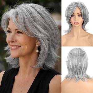 lot 4812 image: 12 IN Black Mixed Grey Silver Layered Wig for Women with Curtain Bangs