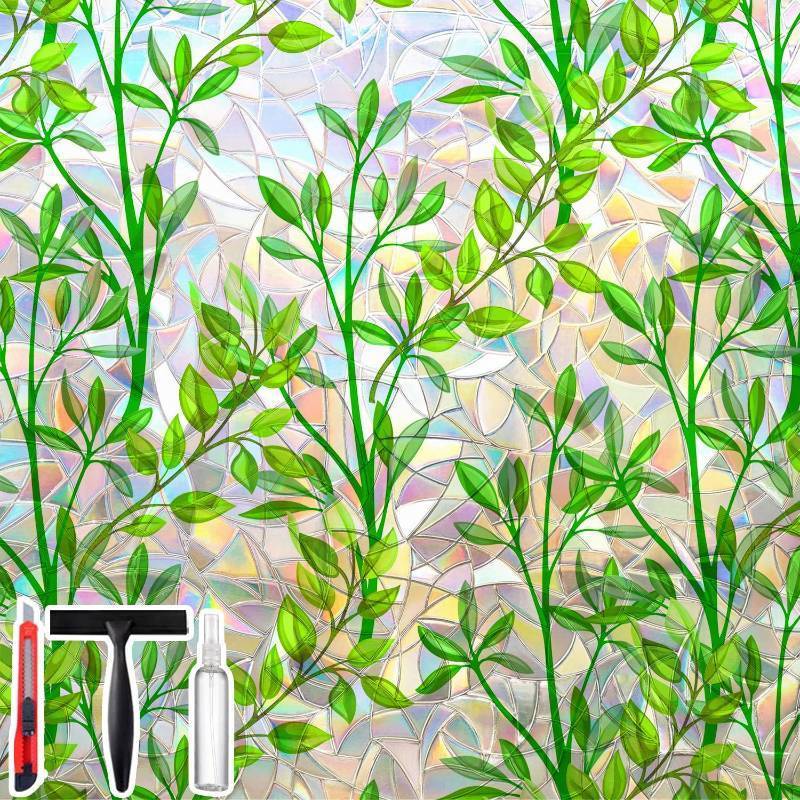 lot 3358 image: Non-Adhesive Stained Glass Window Film Decorative, Static Cling Privacy Window Film (Leafy Rianbow, 17.5 inch  60 inch)