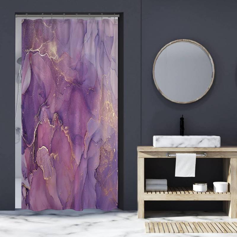 lot 3392 image: Small Stall Shower Curtain 36 x 72, Narrow Half Purple Marble Shower Curtain Set, Abstract Ink Art Lavender Gold Watercolor Elegant Waterproof Fabric Shower Curtains for Modern Bathroom Decor