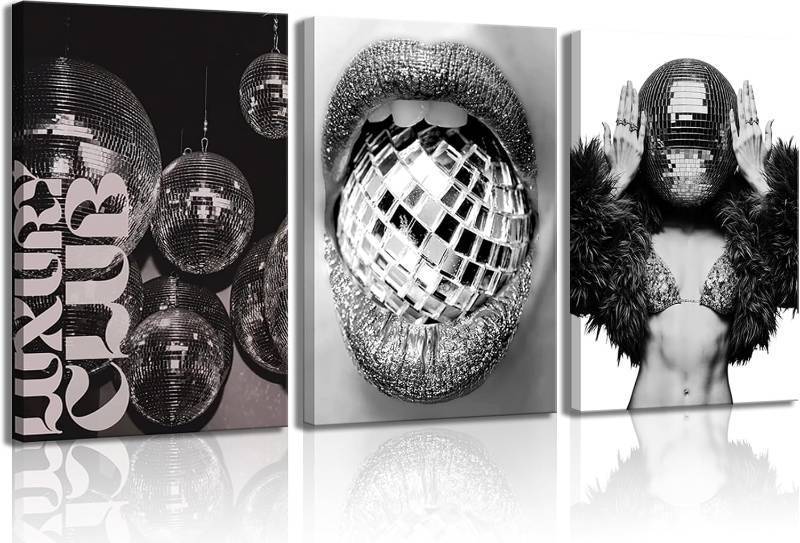 lot 3400 image: 3pcs 70s Disco Party Poster Wall Art Retro Gorgeous Woman Painting Picture Wall Decor Luxury Party Club Poster Print Artwork for Bar Bedroom Dormitory Apartment Home Decoration 16x24in Framed