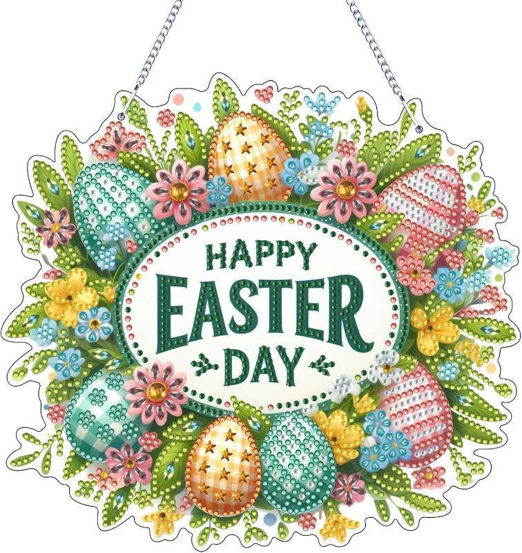 lot 3365 image: VODAPYC Easter Hanging Diamond Art Kits for Adults, DIY Double Sided Special Shaped Diamond Art Window Pendant Ornament(Happy Easter Wreath)