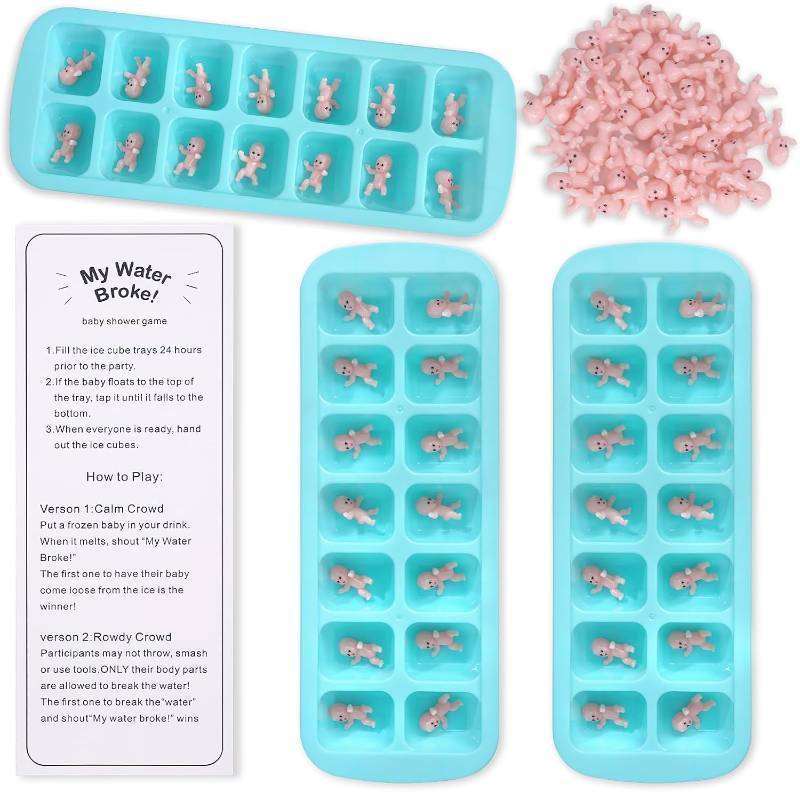 lot 3430 image: My Water Broke Baby Shower Game with 80 Mini Plastic Babies, 3 Ice Cube Trays and 1 Sign, Used for Ice Baby Shower Games, Green