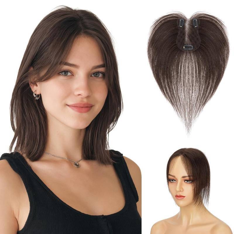 lot 18034 image: Hairro Human Hair Toppers For Women No Bang Middle Part Side Bangs Hair Clip Wispy Thin Short Wiglet Hairpieces 11 Inches 14g #02 Dark Brown