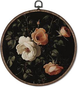 lot 78909 image: GWFSJYU Vintage Rose Floral Framed Wall Art Decor, Dark Moody Rose Flower Round Canvas Prints Wall Art, Mid Century Modern Botanical Hanging Decor for Bedroom Living Room, 10x10inch