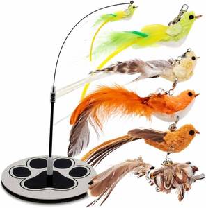 lot 48608 image: Bird Toy for Cats - 5 Pack Natural Feathers Stable Round Base - Interactive Wand Teaser - Self Play Hunting Enrichment - Bored Indoor Adult Feline Activity - Stimulating Kitten Juguetes para Gatos