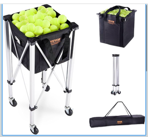 lot 337 image: VEVORFoldable Tennis Ball Hopper, Holds 150-180 Tennis Balls, Lightweight Aluminum Alloy Tennis Ball Basket Cart with Wheels for Tennis Player Retail $69 - Retail $69
