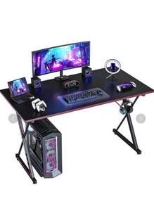 lot 378 image: CubiCubi Gaming Desk 40 Inch PCComputer Desk, Carbon Fiber HomeOffice Desk Table Gamer Workstation, Simple Game Table with Headphone Hook, Black Retail $69 - Retail $69