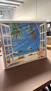 lot 407 image: Window 3D Wall Art Beach Scene with Palm Trees and Umbrellas - Retail $60