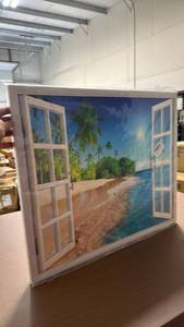 lot 409 image: citari Beach Bathroom Canvas Wall Art, Coastal Beach Palm Tree Pictures Wall Decor 3D Window Art Blue Sea Painting Print Tropical Ocean Nautical Decor Artworks Framed for Living Room Bedroom 24x20 - Retail $60