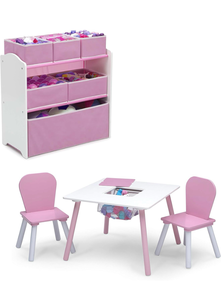 lot 428 image: Kids Table 2 Chair Set with Storage and 6-Bin Toy Organizer Pink White Retail $69 - Retail $69