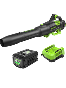 lot 434 image: 2 Greenworks 80V (800 CFM)Brushless Cordless Leaf Blower, Commercial-Grade Power, 40-Min Rapid Charger for Wet Leaves, Heavy Debris, Gravel and Driveway Snow, Includes 2.5Ah Battery & Charger -Retail $399 - Retail $399