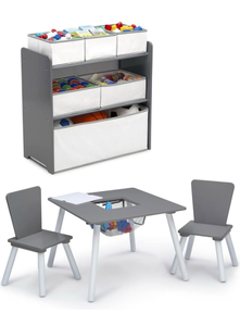 lot 469 image: Kids Table 2 Chair Set with Storage Organizer Unit 6 Fabric Bins - Retail $69